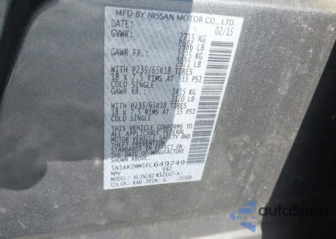 2015 Nissan Pathfinder S z USA, uszkodzony, nr VIN 5N1AR2MM5FC649749